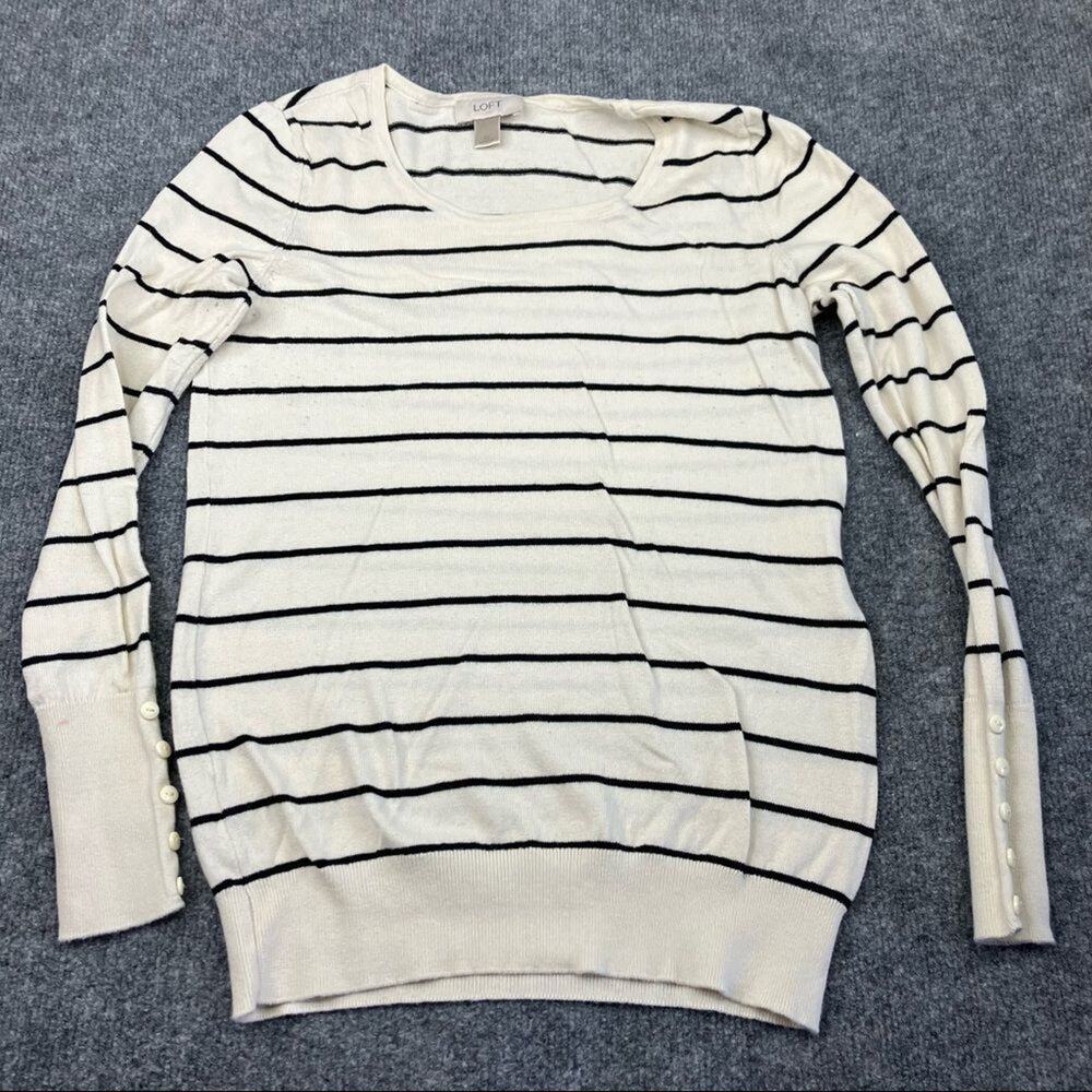 Loft Sweater Womens XS Cream Black Striped Scoop Neck Button Cuff Cotton Good